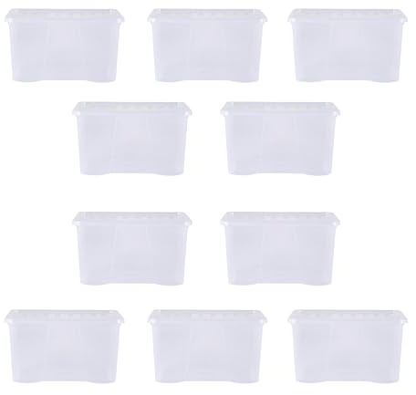 Wham Crystal 10x 60L Plastic Storage Boxes with Lids. Clear, Large, Strong (Pack of 10, 60 Litre) Made in the UK (Clear)