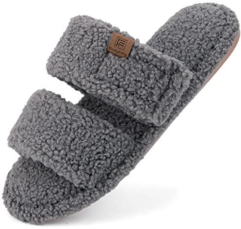 FamilyFairy Open Toe Slippers for Women Adjustable Memory Foam House Shoes Faux Fur Fuzzy Slide Sandals Non Slip Washable Grey,9-10