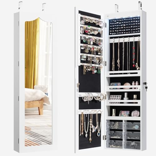 HOMASIS Armadietto Portagioie da Parete con Specchio, 6 Cassetti, Serratura, per Anelli e Collane, 36,5 x 11,5 x 120 cm (Bianco)