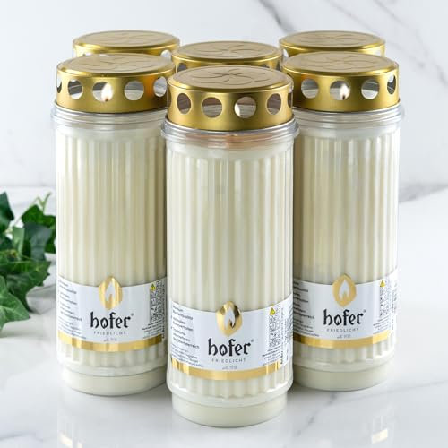 HOFER - Lot de 6 bougies funéraires Elegance - Avec couvercle - Blanc - Durée de combustion : jusqu'à 10 jours - Bougies funéraires avec couvercle - Bougie funéraire XL - Bougies pour décoration
