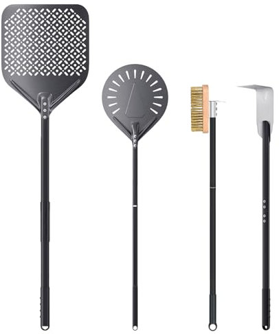 NUTUNI 30 x 112 cm Rechteckiger Pizzaschieber 23 cm Pizzaschaufel aus Hart Eloxiertes Aluminium, 4er Pizzaofen-Set, Pizzaofenbürste, Ascherechen, Holzofen Pizzaofen Zubehör für Zuhause, Restaurant