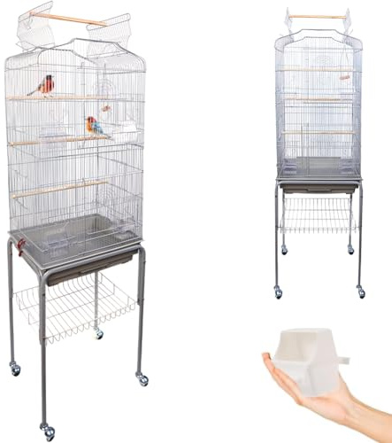BAKAJI Jaula pajarera para pájaros, Loros inseparables, cacatúas, periquitos volátiles, Pedestal y Ruedas, Techo abrible y comederos, Perchas de Madera, Bandeja extraíble (Gris)