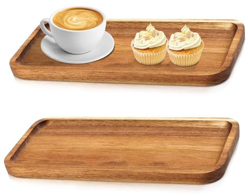 PRITOK 2 bandejas de madera de acacia: bandeja decorativa con borde elevado, bandeja para servir de madera, rectangular, tabla de madera, ideal para postres, pasteles, aperitivos, pan, carne,