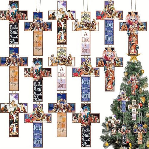 Dtaigou 24X Wooden Nativity Craft Decor,Religious Christian Ornaments Sign,Christmas Nativity Scene Ornaments,cro-ss Nativity Scene Ornament, For Family Home