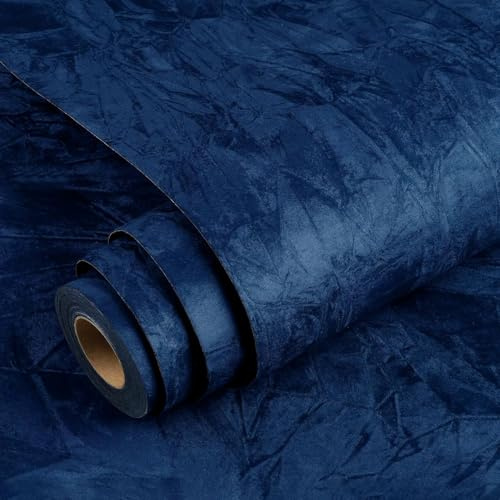 YENHOME Bleu Papier Peint Adhesif Velour Tapisserie Autocollante Murale 40x1000cm Tapisserie Murales Papier Peint Velour Chambre à Coucher Salon Autocollant Meuble Bleu Vintage pour Escalier Armoire
