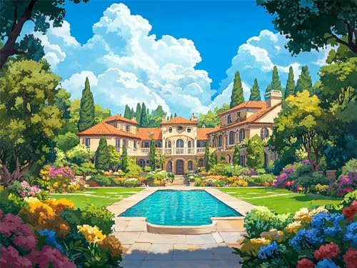 Paint by Numbers Modern House, Large Paint by Numbers for Adults Pool 28x20 Inch, Painting by Numbers for Adults, DIY Canvas Oil Painting Kits Arts Crafts for Home Wall Decor (Without Frame) -YH485