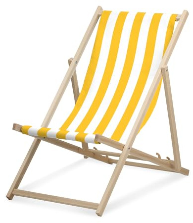 druck.de Liegestuhl - breit gestreift gelb - klappbar - aus Buchenholz - bis 95kg belastbar - 3fach verstellbare Lehne - Strandliege
