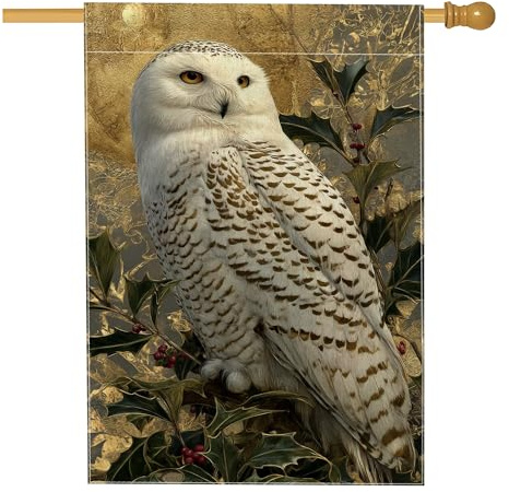 Bandera de casa de búho, bayas de acebo naturales de invierno, arpillera blanca de doble cara, banderas decorativas para porche frontal al aire libre, patio, entrada, camping, 28 x 40 pulgadas