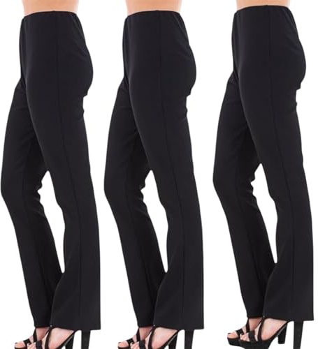 Crazy Fashion Ladies Pack of 3 Stretch Bootleg Trousers Ribbed Women Bootcut Elasticated Waist Pants Casual Full Elasticated Waist Black Navy Bottoms (3 Pack - Black, 16)