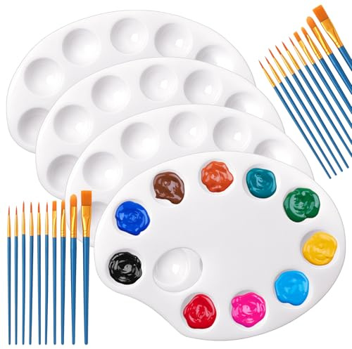 4 Piezas Paleta Pintura, Paleta De Mezcla con Agarre De Pulgar Y 20 Pincele