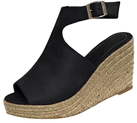 Cocila Sandalias De Verano Para Mujer Tacón Ligero Cuñas Sólidas Zapatos Casual Sandals Ladies Tiran Femeninas Romanas Buckle Moradas (Black, 40) Negro Caminar Con Plataforma Ortopédicos Montaña