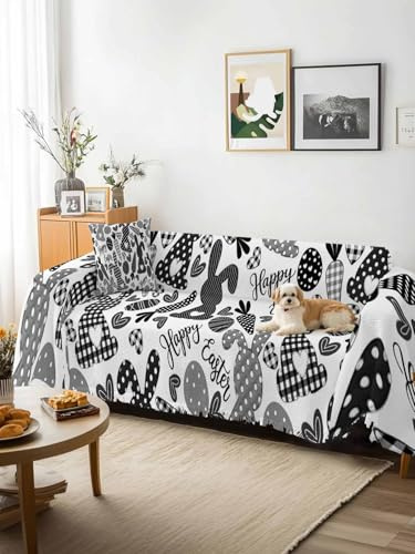 Happy Easter Sofa Cover Blanket Couch Covers for Armchair Cushion,Couch Sofa Silpcover with Tassel,Rabbits Eggs Carrots Black Gray Plaid Living Room Bedroom Throw Towel Blanket Covers XX-L 71x150