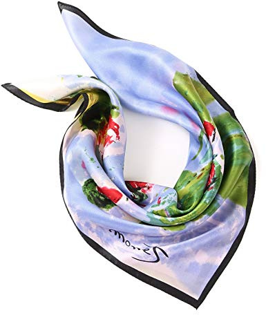 Prettystern Donna Piccola Foulard Di Pura Raso Seta Bandana estiva Fazzoletto Da Collo Colorate Claude Monet blu rosso Ninfee/Water Lilies