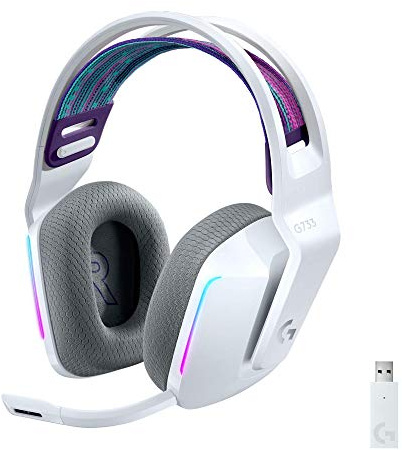 Logitech G733 Lightspeed Wireless Gaming Headset with Suspension Headband, LIGHTSYNC RGB, Blue VO!CE mic Technology and PRO-G Audio Drivers - White
