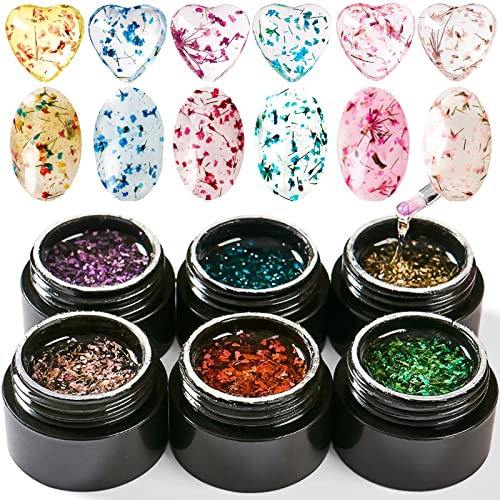 Bellecrey Getrocknete Blumen Gel Nagellack - Flower Fairy Polish, Soak Off UV Holographic Varnish Mit Echten Blumen, Rose Gold Pink Grün Blau Lila - 6 Farben/Set