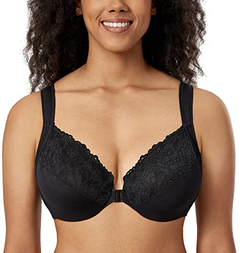 DELIMIRA Damen Vorderverschluss BH mit Bügel BHS Große Brüste Starker Halt Soft Spitzen U-Rücken Ungefüttert Schwarz 95D