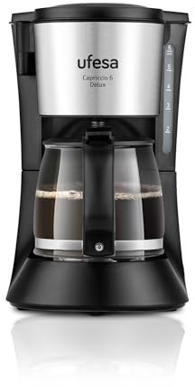 Ufesa Capriccio Delux Cafetera de Goteo, 6 Tazas, 600W, Jarra 0.6L, Filtro Permanente, Placa Calefactora Antiadherente, Sistema Antigoteo, Auto Apagado, Acabados Inox