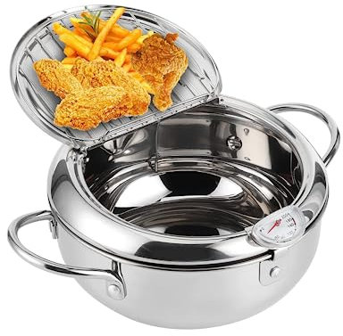 Pentola per Friggitrice Mini Pentola in Acciaio Inossidabile Pentola per Friggere in Acciaio con Termometro Fornello a Induzione Compatibile Mini in Stile Giapponese(Large 24cm)