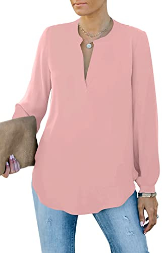 Homlan Camicia da Donna Elegante con Scollo a V, a Maniche Lunghe, da Lavoro, Casual, a Maniche Lunghe, Tinta Unita, Colore: Rosa., XL