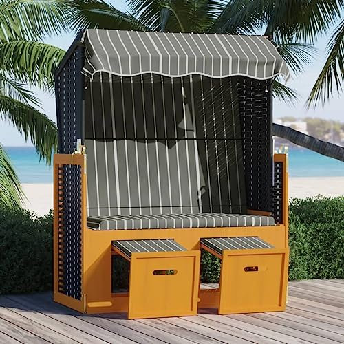 Bussandri Exclusive - Strandkorb mit Dach Poly Rattan und Massivholz Schwarz & Grau
