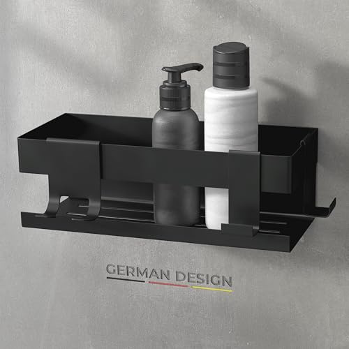 husman® Duschablage ohne Bohren | Edelstahl Matt-Schwarz | mit Ablaufrillen & 3 Haken | Kleben statt Bohren | Duschkorb Wandregal Duschregal Badregal Deko Badezimmer Organizer Regal für Bad & Küche