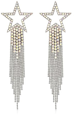 EVER FAITH Star Tassel Earrings for Women Girls, Rhinestone Crystal Long Waterfall Beaded Fringe Chandelier Dangle Drop Statement Earring Wedding Party Jewellery