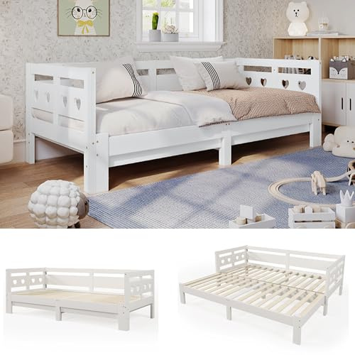 KUAKE Lettino per bambini 90 x 200 cm, funzionale letto per gli ospiti in legno massiccio, letto in legno con rete a doghe e protezione dalle cadute, letto estraibile singolo e matrimoniale, per