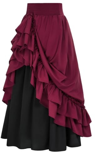 Falda Victoriana para Mujer con Volantes Multicapa, Vintage, Medieval renacentista, Rojo, S