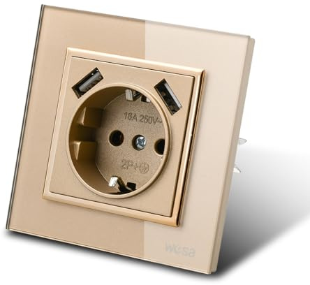 Enchufe de pared con toma empotrada USB,2 tomas USB,Enchufe de pared interior 250V AC 16A,Toma de tierra Panel de cristal dorado BLJ05