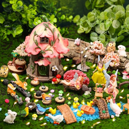 HIYZI 93 Pcs Fairy Garden Accessories Miniature House Kit Mini Figurines | Resin Fairies Animals Mushroom Set DIY Outdoor Decor for Dollhouse Micro Landscape Village Cottage Outside Party Decorations