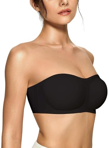 OEAK Womens Strapless Bras Push Up Bandeau Bra Non Slip Wireless Supportive Padded Bras Seamless Comfortable Tube Bra Black Medium