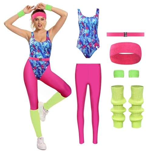 Cyborey Costume d'entraînement années 80 pour femme - Combinaison vintage colorée pour aérobic, yoga et sportswear - Déguisement fantaisie, Rouge, L