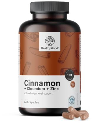 HealthyWorld Zimt mit Chrom und Zink - 240 Pflanzenkapseln - Vegetarisch - Hochdosiert - 4 Monatsvorrat - Premium Qualität - Drei Wirkstoffe - Blutzuckerkontrolle