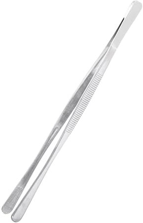 sourcing map Kitchen Tweezers Stainless Steel, 10 Inch Food Tongs Fine Cooking Tweezers Set Extra-Long Tweezer Tongs for Cooking Grill Baking BBQ, Silver Round Straight Clip