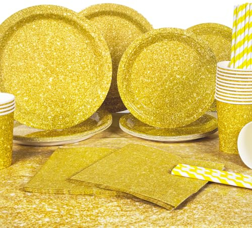 Yidaxing 81 Pcs Vajilla de Cumpleaños Oro Brillo, Platos de Fiesta Desechable Purpurina Dorados , Tazas Pajitas Servilletas Mantel para Fiestas Aniversario Bodas Navidad (16 Invitados)