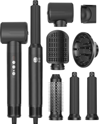 Air Styler 7 IN 1 Haartrockner mit Haarföhn Haarstyler, Warmluft Bürste, Wrap Air Lockenstab, Runder Kamm, Diffusor, Konzentrator Zubehörteilen, Tragbarer Reisefön für Zuhause, Reise (Weiß)