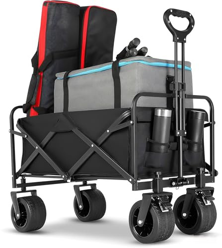 Carro plegable XXL, 150 L, 225 kg, con 4 ruedas reforzadas, ruedas de 360°, con 2 soportes para bebidas, neumáticos de 10 cm, para camping, playa, compras, color negro