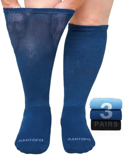 ZFSOCK Chaussettes Diabétiques Homme Femme: Chaussettes Hautes en Bambou Sans Elastique Sans Couture Non Comprimantes avec Semelle Rembourrée Pour Pieds Gonflés Enceinte et âgé - Bleu 3 Paires 39-42