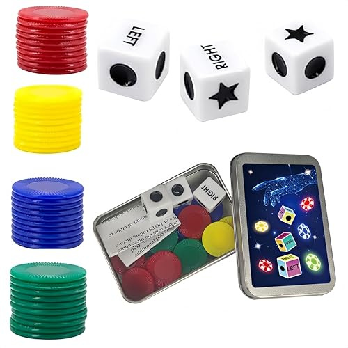 HONGLINSONG Left Right Centre Dice Game, Funny Dice Games with 3 Dices + 24 Colorful Chips, Left Right Centre Dot Board Sets for Party Family, Friends, Gatherings, Camping, Picnic