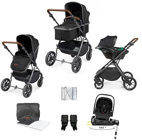 Ickle Bubba Cosmo 9 Piece Travel System with i-Size Nimbus Car Seat & 180° Spin ISOFIX Base (Black/Tan) – Convertible Configurations, Birth to 22kg (Approx. 4 Years)