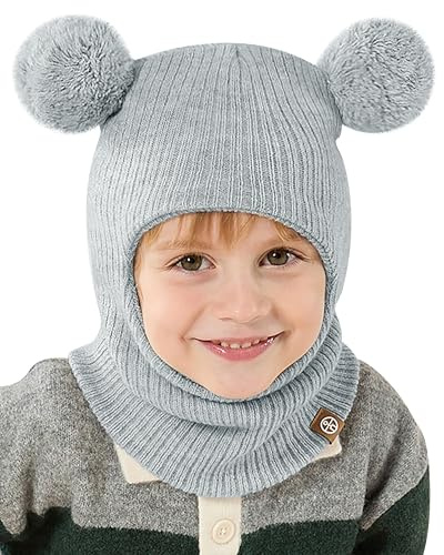KAKU NANU Gorro De Punto para Niño con Pasamontañas,Pompones Y Orejeras para Niños Y Niñas De 2 A 8 Años