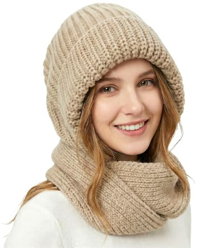 AYPOW Gorro de Punto Invierno Mujer con Bufanda 2 en 1，Prueba de Viento Sombreros de Invierno Cálido, Suave Beanie con Capucha Calentador Cuello Pasamontañas Térmico para Esquí Al Aire Libre