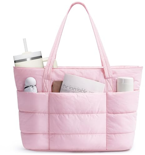 Narwey Tote Bags for Women, Ladies Handbags & Shoulder Bags, School Work Laptop Bags with Zip for Women, Puffer Teacher Hand Bag for College Shopping Travel Gym Beach (Pink)