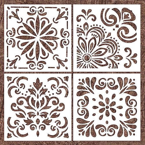 4 Pcs Large Pattern Mandala Stencils Reusable Mandala Dot Painting Templates DIY Floral Spray Paint Stencil Drawing Craft Stencil for Wood Wall Tile Floor Canvas Fabric Furniture Rock Concrete (8x8)