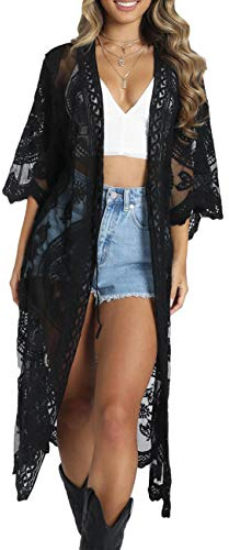 Bsubseach Mujeres Malla Cárdigan Bikini Playa Kimono Abierto Delantero Traje de baño Cover Ups Traje de baño Negro