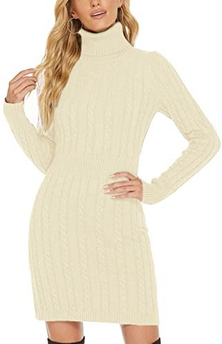 QUNERY Mujer Vestido Punto Elegante Manga Larga para Suéter,Casual Jersey Vestidos Invierno de Cuello Alto A-Albaricoque M