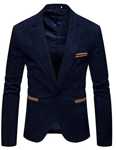 IQYU Veste d'hiver en velours côtelé pour homme - Coupe ajustée - Veste moderne d'affaires - Blazer - Col revers - Veste de travail légère - Style smoking, Marine, XXXL