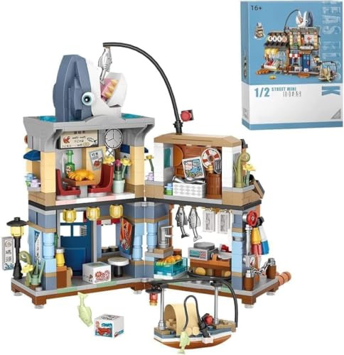 FULHOLPE Japanische Street View Serie Architektur Bausteine, 790 Teile Japan Seafood Store Modellbausatz, DIY Mini Modular Haus Klemmbausteine MOC Bauspielzeugsets für Teenager Erwachsene