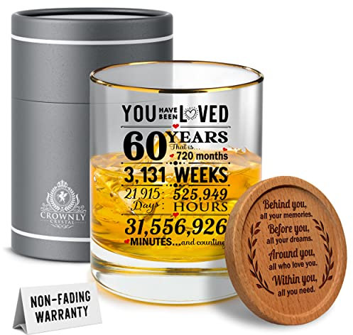 CROWNLY CRYSTAL® de 60 cumpleaños para hombres y mujeres, regalos de vidrio de whisky personalizado para papá, regalos para mamá, marido, regalos de 60 cumpleaños para hombres de 60 años, decoraciones