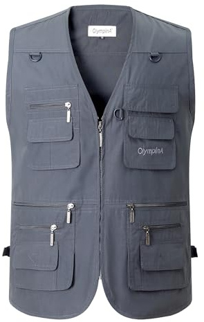 Luckyone Chaleco de verano multifunción para hombre con muchos bolsillos, ideal para caza, pesca, camping y fotografía, sin mangas, azul, XXXXL